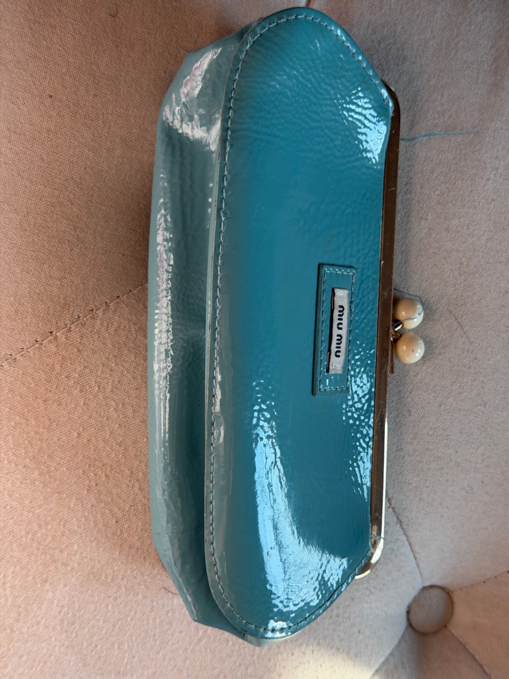 Authentic Miu Miu Parfums Glossy Teal Patent Leather Clutch
